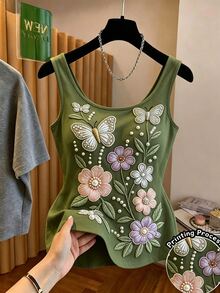 SHEIN Franclia Women's Spring/Summer French Romantic Style Butterfly Floral Print Fitted Tank Top, All-Match U-Neck Sleeveless Design, Delicate Butterfly Floral Print, Slim Fit, Soft Skin-Friendly Fabric, Versatile For Layering Or Wearing Alone In Summer, Romantic Vibe, Women's Butterfly Floral Print Tank Top - Army Green - View 1