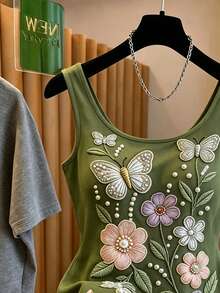 SHEIN Franclia Women's Spring/Summer French Romantic Style Butterfly Floral Print Fitted Tank Top, All-Match U-Neck Sleeveless Design, Delicate Butterfly Floral Print, Slim Fit, Soft Skin-Friendly Fabric, Versatile For Layering Or Wearing Alone In Summer, Romantic Vibe, Women's Butterfly Floral Print Tank Top - Army Green - View 3