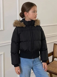 Dazy Kids Tween Girl Plush Hooded Zip-Up Casual Winter Padded Coat Fall - Black - View 8