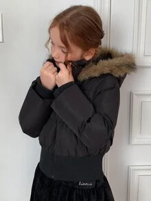 Dazy Kids Tween Girl Plush Hooded Zip-Up Casual Winter Padded Coat Fall - Black - View 9