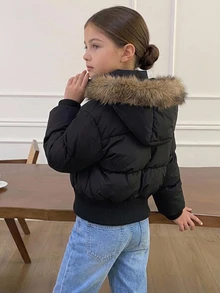 Dazy Kids Tween Girl Plush Hooded Zip-Up Casual Winter Padded Coat Fall - Black - View 2