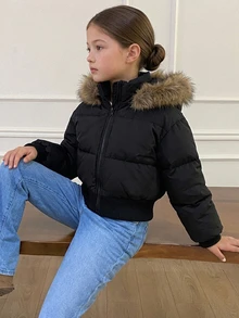 Dazy Kids Tween Girl Plush Hooded Zip-Up Casual Winter Padded Coat Fall - Black - View 5