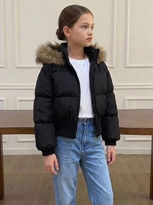 Dazy Kids Tween Girl Plush Hooded Zip-Up Casual Winter Padded Coat Fall - Black - View 3