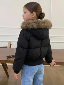 Dazy Kids Tween Girl Plush Hooded Zip-Up Casual Winter Padded Coat Fall - Black - View 7
