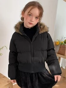 Dazy Kids Tween Girl Plush Hooded Zip-Up Casual Winter Padded Coat Fall - Black - View 16