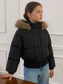 Dazy Kids Tween Girl Plush Hooded Zip-Up Casual Winter Padded Coat Fall - Black - View 18
