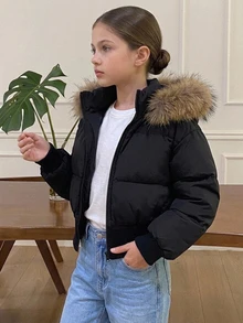 Dazy Kids Tween Girl Plush Hooded Zip-Up Casual Winter Padded Coat Fall - Black - View 1