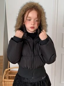 Dazy Kids Tween Girl Plush Hooded Zip-Up Casual Winter Padded Coat Fall - Black - View 15