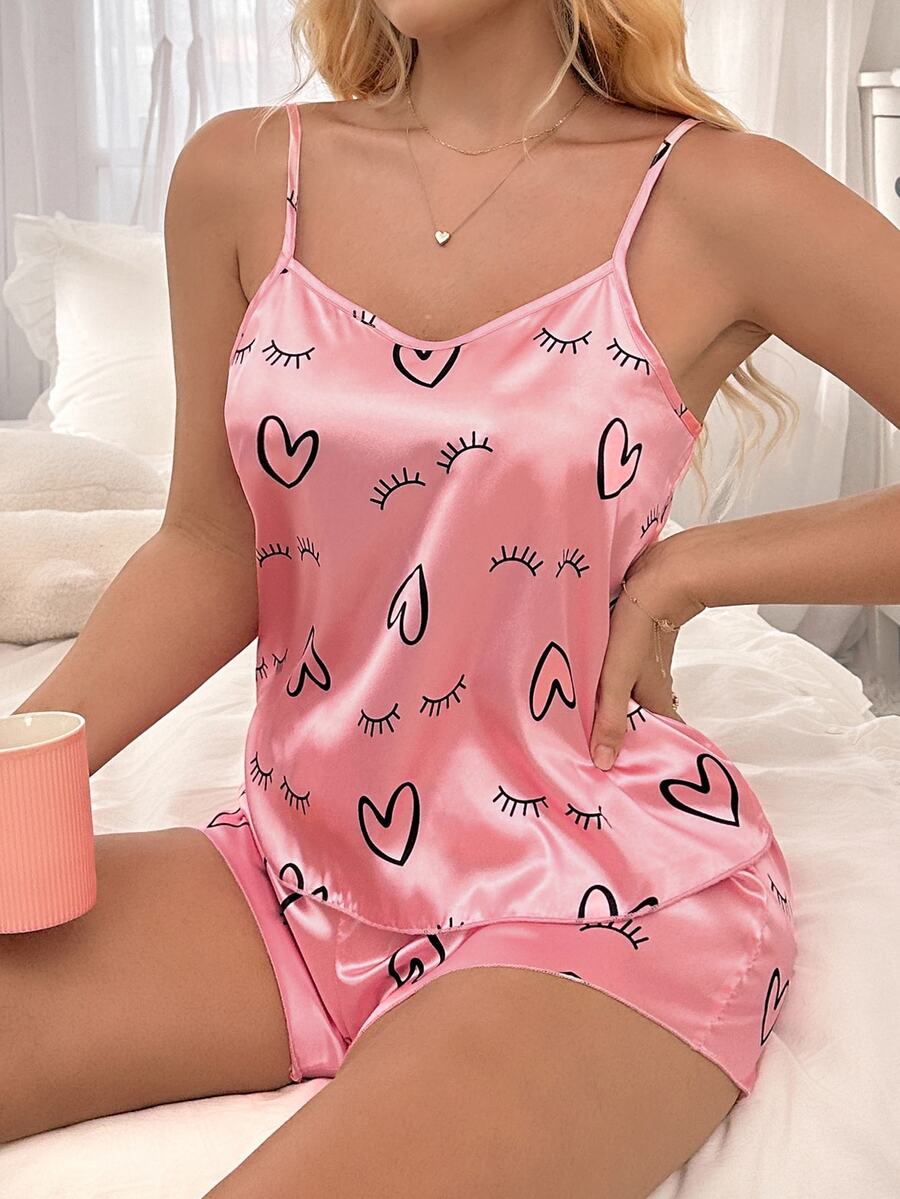 SHEIN Casual Underwear&Sleepwear 絲綢般心形睫毛印花背心和短褲睡衣套裝 - 粉色 - 查看 1