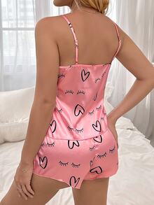 SHEIN Casual Underwear&Sleepwear 絲綢般心形睫毛印花背心和短褲睡衣套裝 - 粉色 - 查看 2