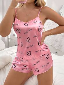 SHEIN Casual Underwear&Sleepwear 絲綢般心形睫毛印花背心和短褲睡衣套裝 - 粉色 - 查看 3