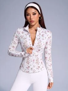 SHEIN Sovereign Charm 女款碎花長袖前拉鍊修身運動夾克 - 彩色 - 查看 4