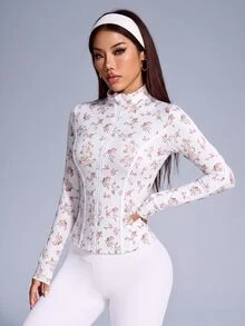 SHEIN Sovereign Charm 女款碎花長袖前拉鍊修身運動夾克 - 彩色 - 查看 5