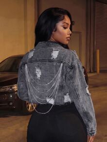 BriallanyX BriallanyX Ripped Chain Detail Raw Cut Drop Shoulder Crop Denim Jacket - Grey - View 2