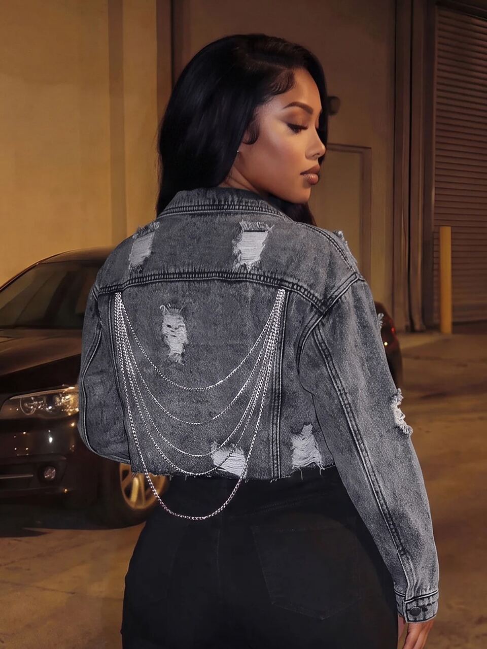 Ripped Chain Detail Raw Cut Drop Shoulder Crop Denim Jacket
