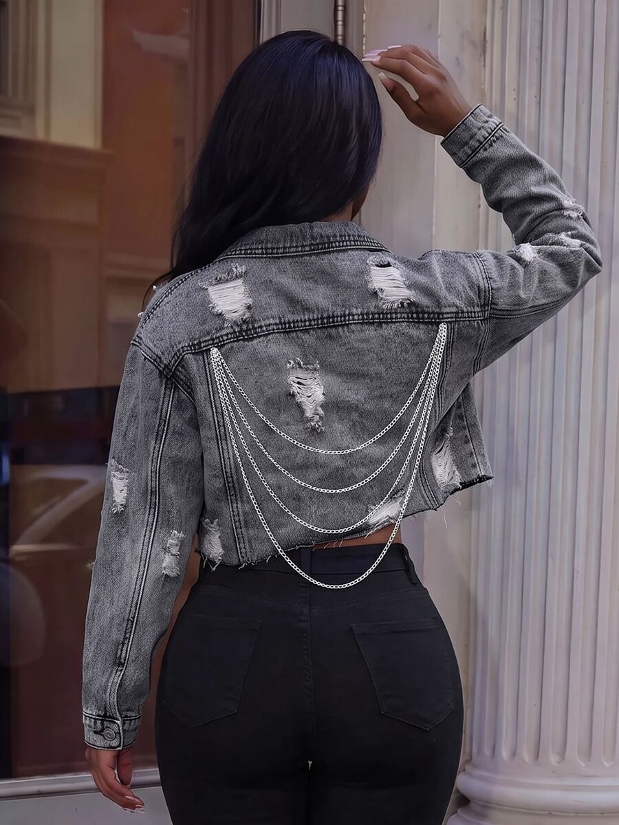 BriallanyX BriallanyX Ripped Chain Detail Raw Cut Drop Shoulder Crop Denim Jacket - Grey - View 1