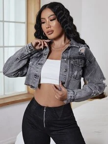 BriallanyX BriallanyX Ripped Chain Detail Raw Cut Drop Shoulder Crop Denim Jacket - Grey - View 7