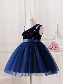 SHEIN Glamorique Kids 女孩公主洋裝，皇家藍亮片網紗洋裝，不對稱領口肩帶洋裝，生日派對、婚禮假期正式洋裝，緞帶蝴蝶結 - 藍色 - 查看 6