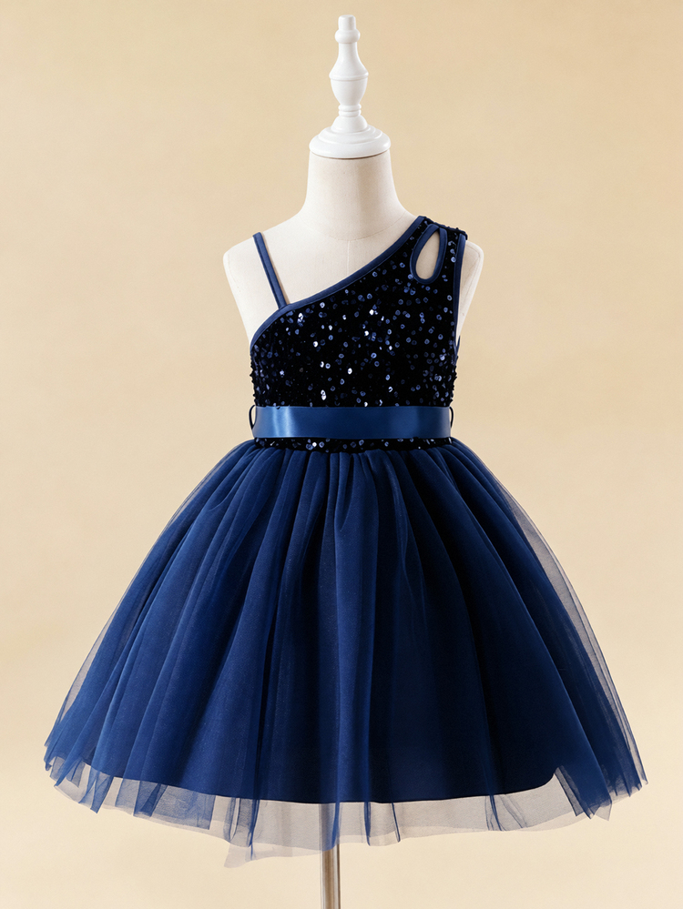 SHEIN Glamorique Kids Girls Princess Dress, Royal Blue Sequin Mesh Dress, Asymmetrical Neck Strap Dress, Birthday Party, Wedding Holiday Formal Dress, Ribbon Bow - Blue - View 5
