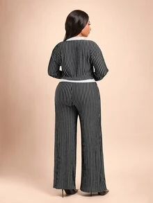 Brilight Striped Print Tee & Wide Leg Pants - Black - View 2