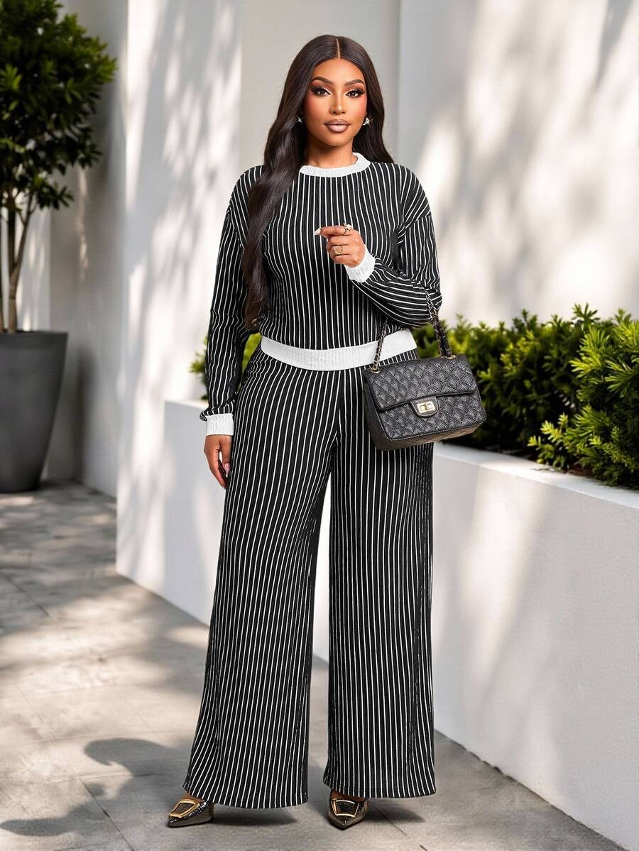 Brilight Striped Print Tee & Wide Leg Pants - Black - View 1