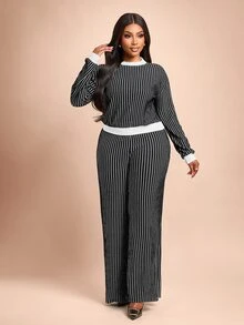 Brilight Striped Print Tee & Wide Leg Pants - Black - View 4