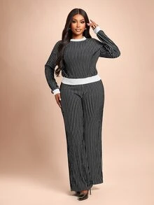 Brilight Striped Print Tee & Wide Leg Pants - Black - View 6