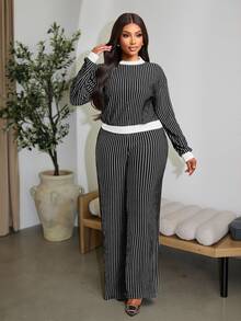 Brilight Striped Print Tee & Wide Leg Pants - Black - View 9