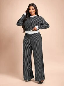 Brilight Striped Print Tee & Wide Leg Pants - Black - View 5