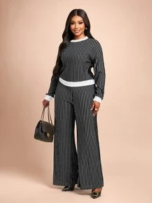 Brilight Striped Print Tee & Wide Leg Pants - Black - View 3