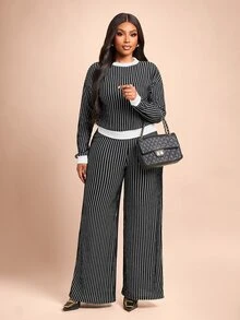 Brilight Striped Print Tee & Wide Leg Pants - Black - View 7