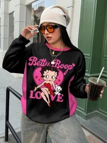 Betty Boop x SHEIN Plus Size Women's Letter Print Crew Neck Sweatshirt All-Over Fall - White - View 4