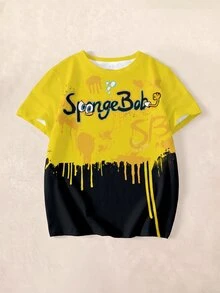 SpongeBob SquarePants | SHEIN 青少年男孩字母印花圓領短袖休閒T恤 - 白色 - 查看 1