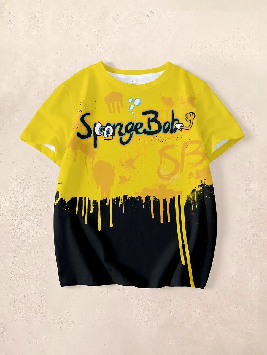 SpongeBob SquarePants | SHEIN 青少年男孩字母印花圓領短袖休閒T恤 - 白色 - 查看 1