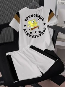 SpongeBob SquarePants | SHEIN Young Boy Letter Print Short Sleeve T-Shirt And Shorts Set - White - View 2