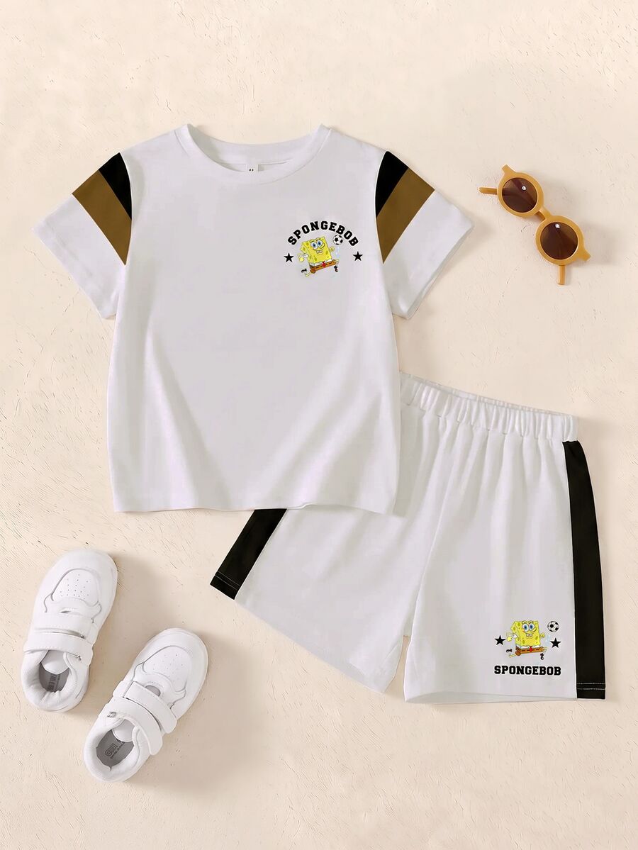 SpongeBob SquarePants | SHEIN Young Boy Letter Print Short Sleeve T-Shirt And Shorts Set - White - View 1