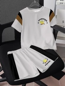 SpongeBob SquarePants | SHEIN Young Boy Letter Print Short Sleeve T-Shirt And Shorts Set - White - View 3
