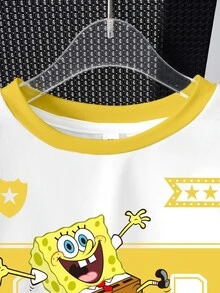 SpongeBob SquarePants | SHEIN Young Boy Cartoon Print T-Shirt And Shorts Set - White - View 4