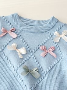 SHEIN 6-9个月女婴保暖装，女婴冬季保暖针织两件套，可爱蝴蝶结毛衣和百褶裙套装，舒适柔软亲肤 - 藍色 - 查看 3