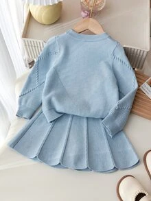 SHEIN 6-9个月女婴保暖装，女婴冬季保暖针织两件套，可爱蝴蝶结毛衣和百褶裙套装，舒适柔软亲肤 - 藍色 - 查看 2