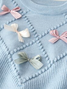 SHEIN 6-9个月女婴保暖装，女婴冬季保暖针织两件套，可爱蝴蝶结毛衣和百褶裙套装，舒适柔软亲肤 - 藍色 - 查看 4