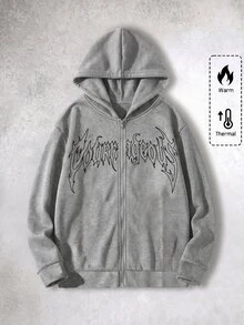 SHEIN 兒童青少年男孩街頭風哥德字母印花灰色拉鍊連帽衛衣，秋季款 - 灰色 - 查看 1