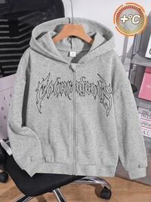 SHEIN 兒童青少年男孩街頭風哥德字母印花灰色拉鍊連帽衛衣，秋季款 - 灰色 - 查看 3