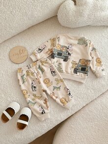 SHEIN 新生兒男嬰女嬰卡通圖案長袖衛衣與冬季長褲套裝 - 杏色 - 查看 3