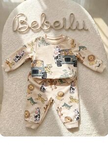 SHEIN 新生兒男嬰女嬰卡通圖案長袖衛衣與冬季長褲套裝 - 杏色 - 查看 2