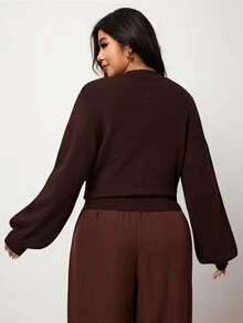 Hourglow Plus Size Waist Defined Rib Knit Cardigan, V Neck Button Front Winter - Brown - View 2