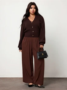 Hourglow Plus Size Waist Defined Rib Knit Cardigan, V Neck Button Front Winter - Brown - View 6