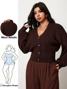 Hourglow Plus Size Waist Defined Rib Knit Cardigan, V Neck Button Front Winter - Brown - View 1