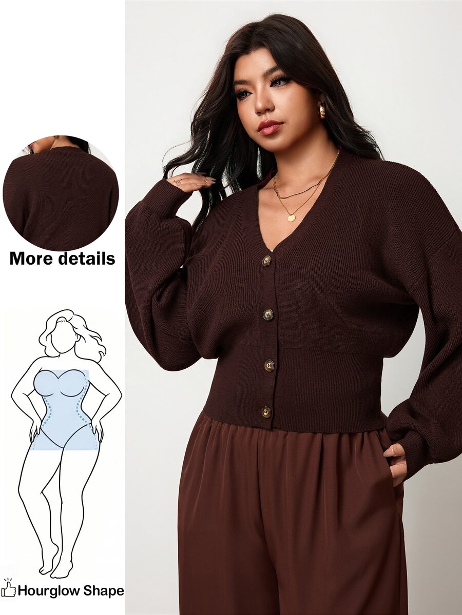 Hourglow Plus Size Waist Defined Rib Knit Cardigan, V Neck Button Front Winter - Brown - View 1