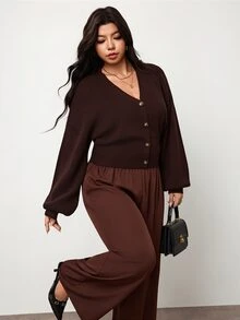 Hourglow Plus Size Waist Defined Rib Knit Cardigan, V Neck Button Front Winter - Brown - View 7